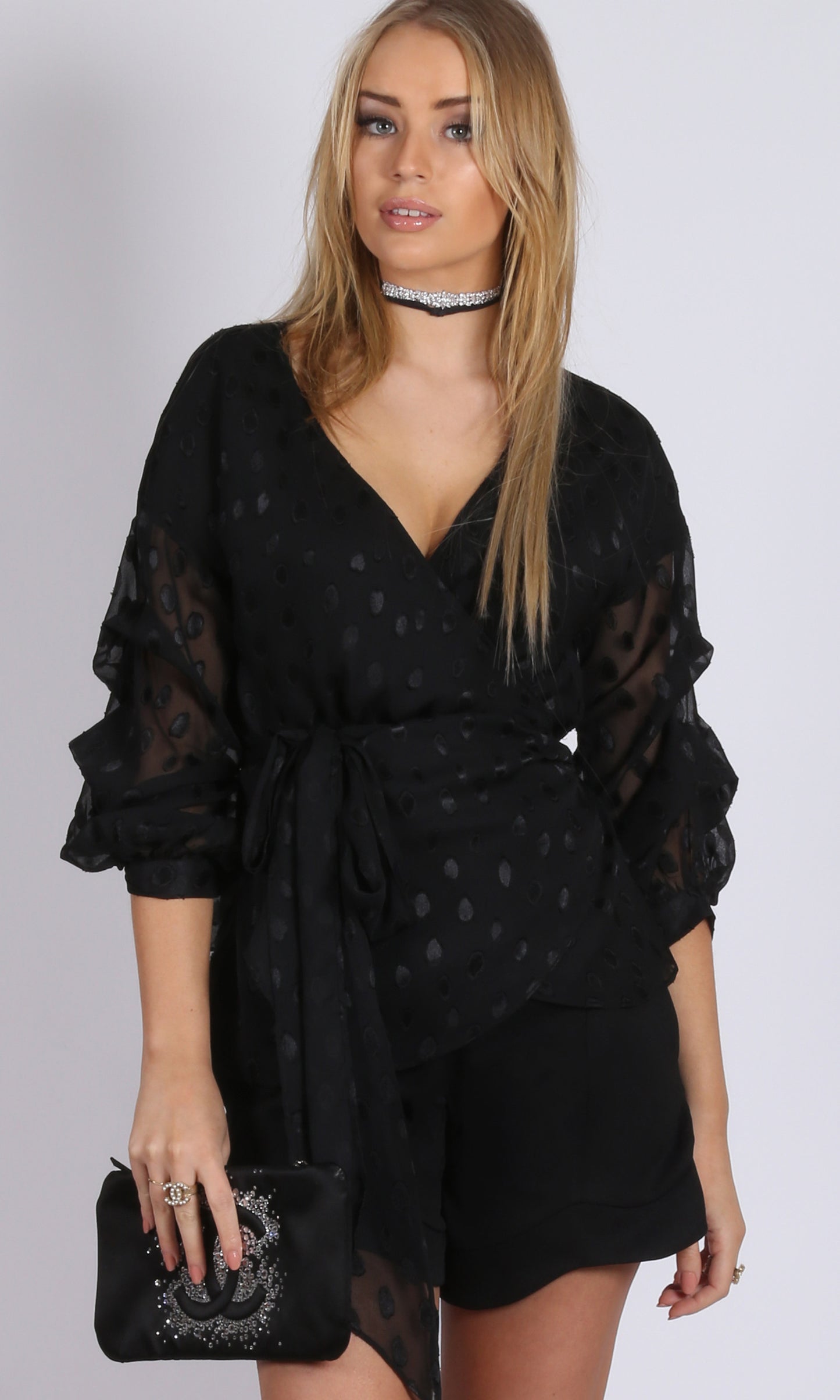 Sheer Wrap Top with Gathered Puff Sleeves and Polka Dot Flocked Fabric