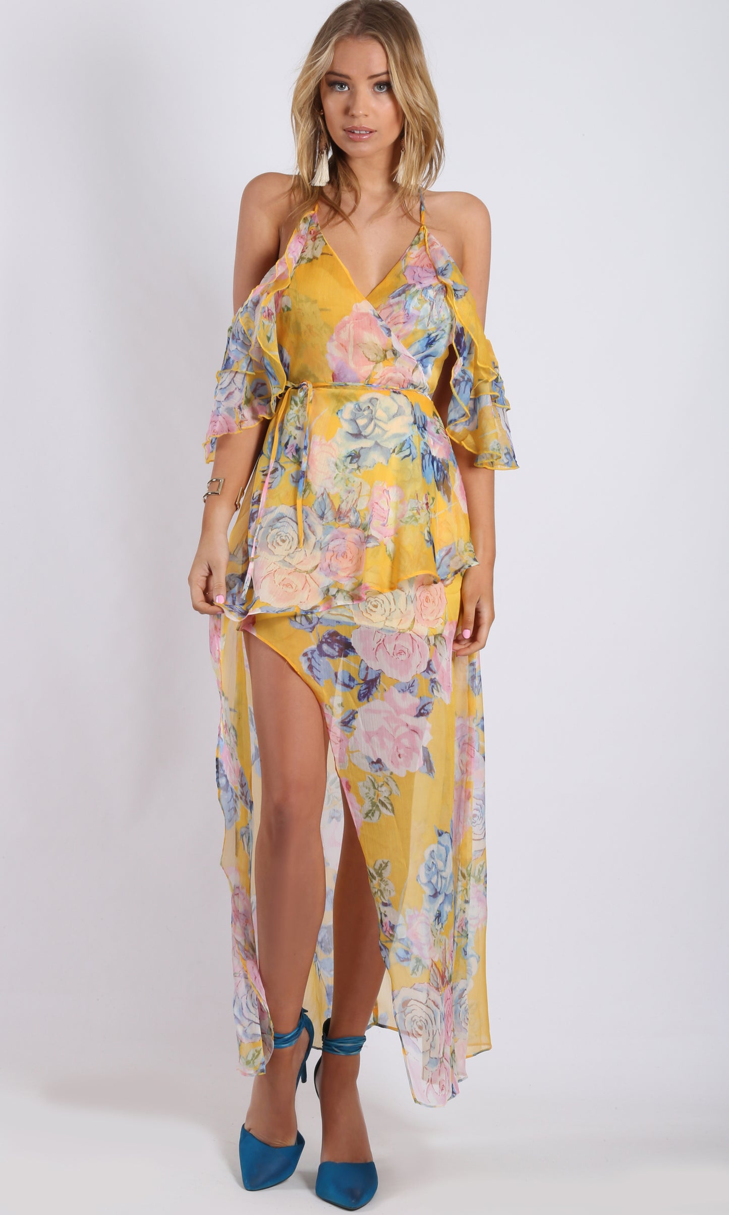 RV1102SS SHEER YELLOW FLORAL DRESS (Pack)