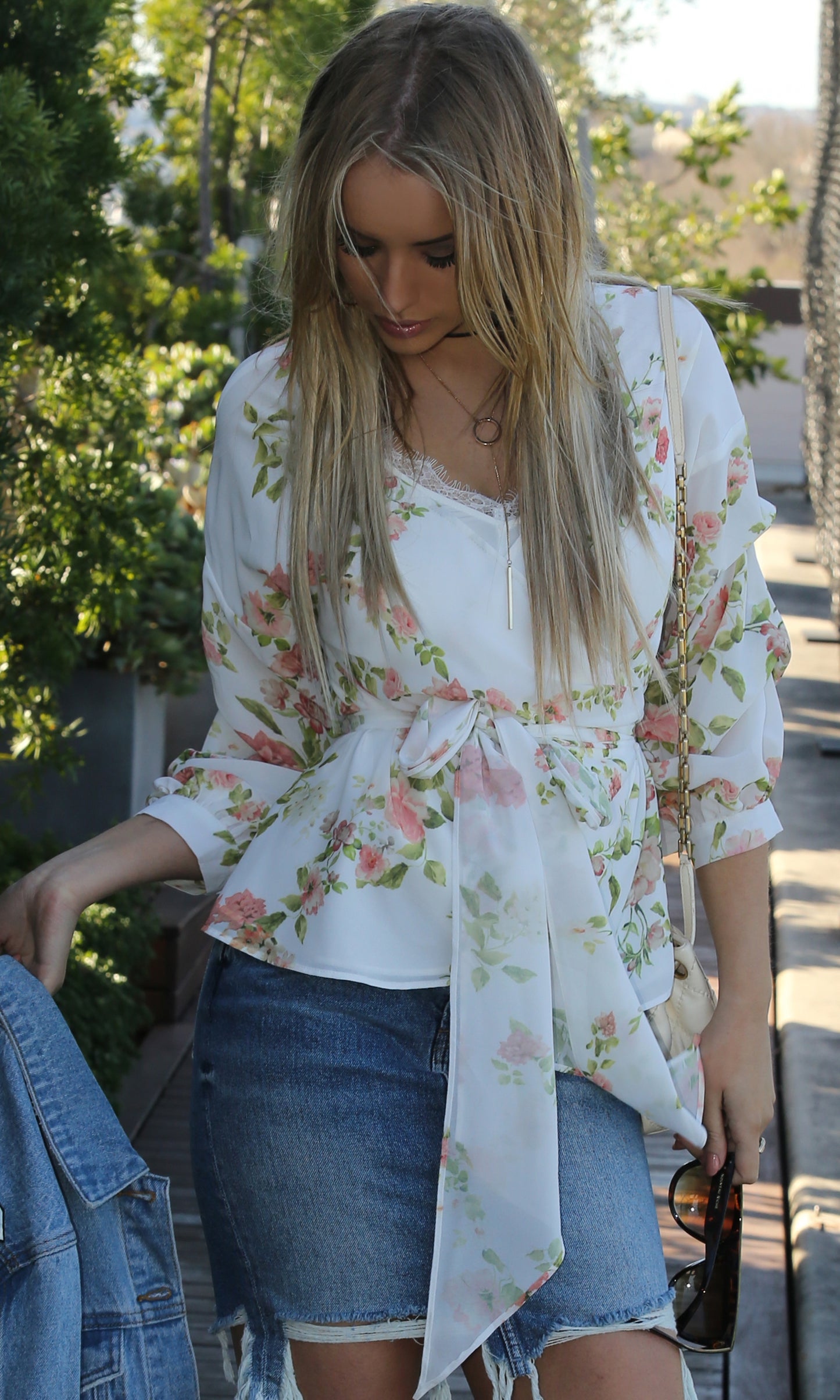 Floral Wrap With Gathered Balloon Sleeve Top
