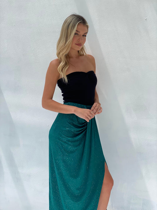 LA1236-1SS Glittery Ruched Midi Skirt - On Sale