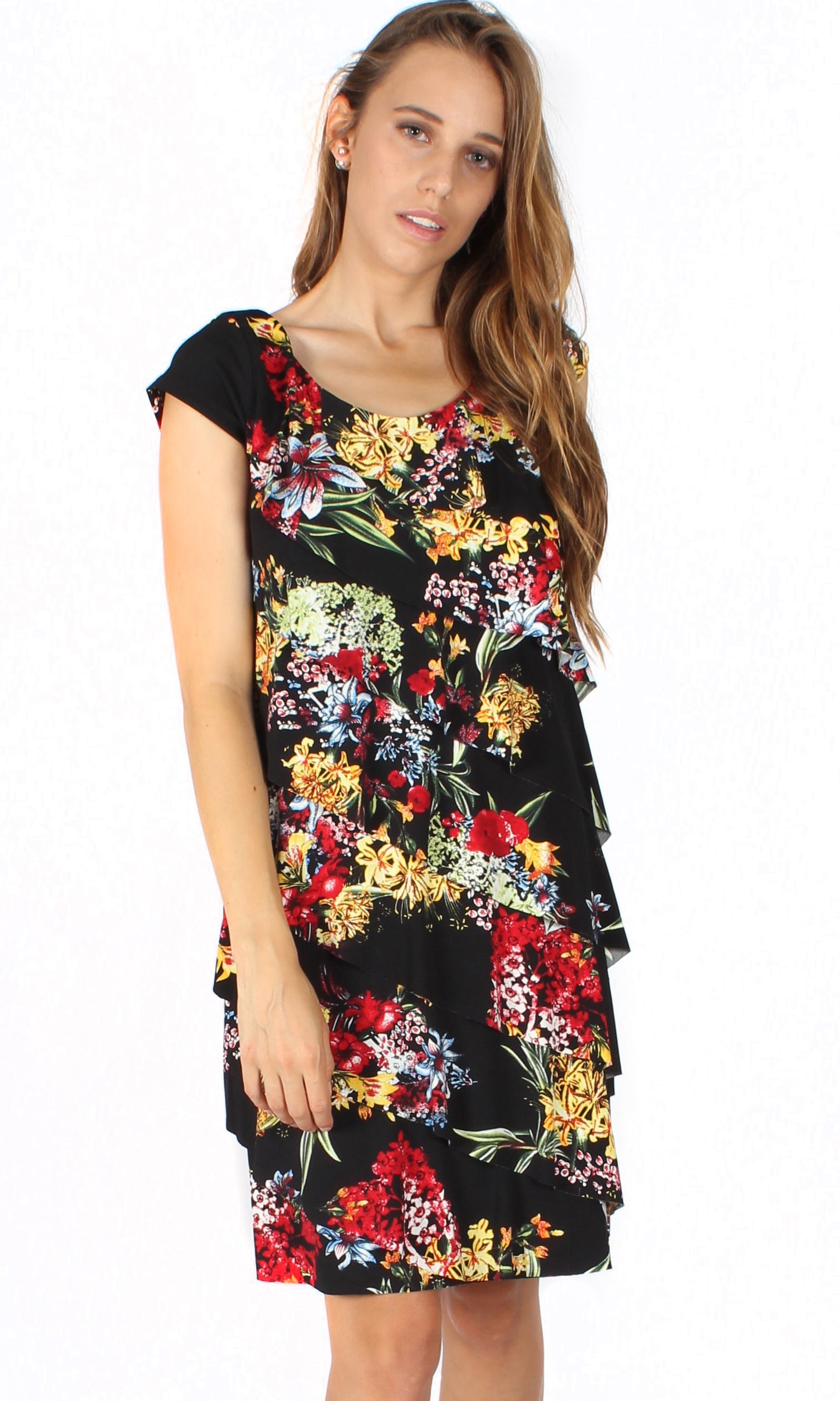 BS31616-203TB Black Floral Layered Asymmetric Dress (Pack)