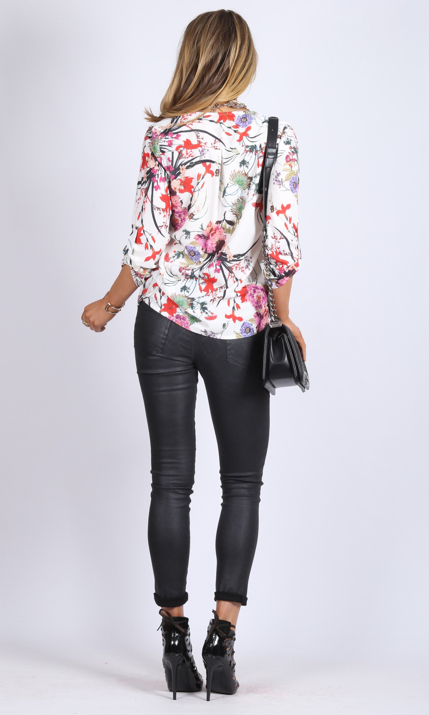 V Neck Printed Shirt with exposed zipper and turn up sleeves 