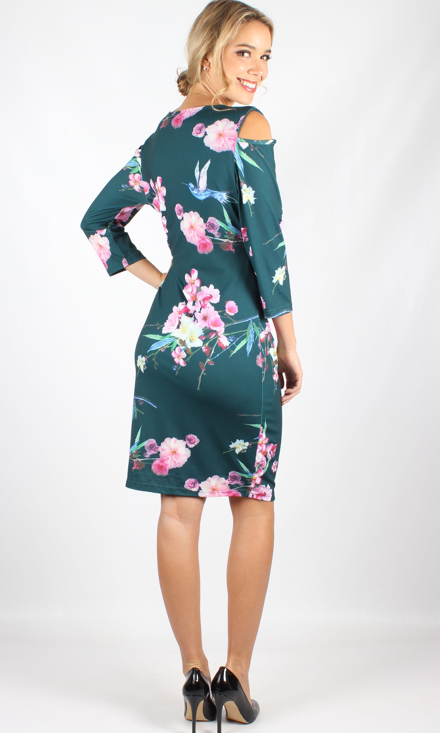 VS1114-8TB Cold Shoulder Green Floral Dress (Pack)