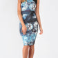  Printed, sleeveless, mid length fitted dress with mesh detail