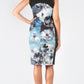 Printed, sleeveless, mid length fitted dress with mesh detail.