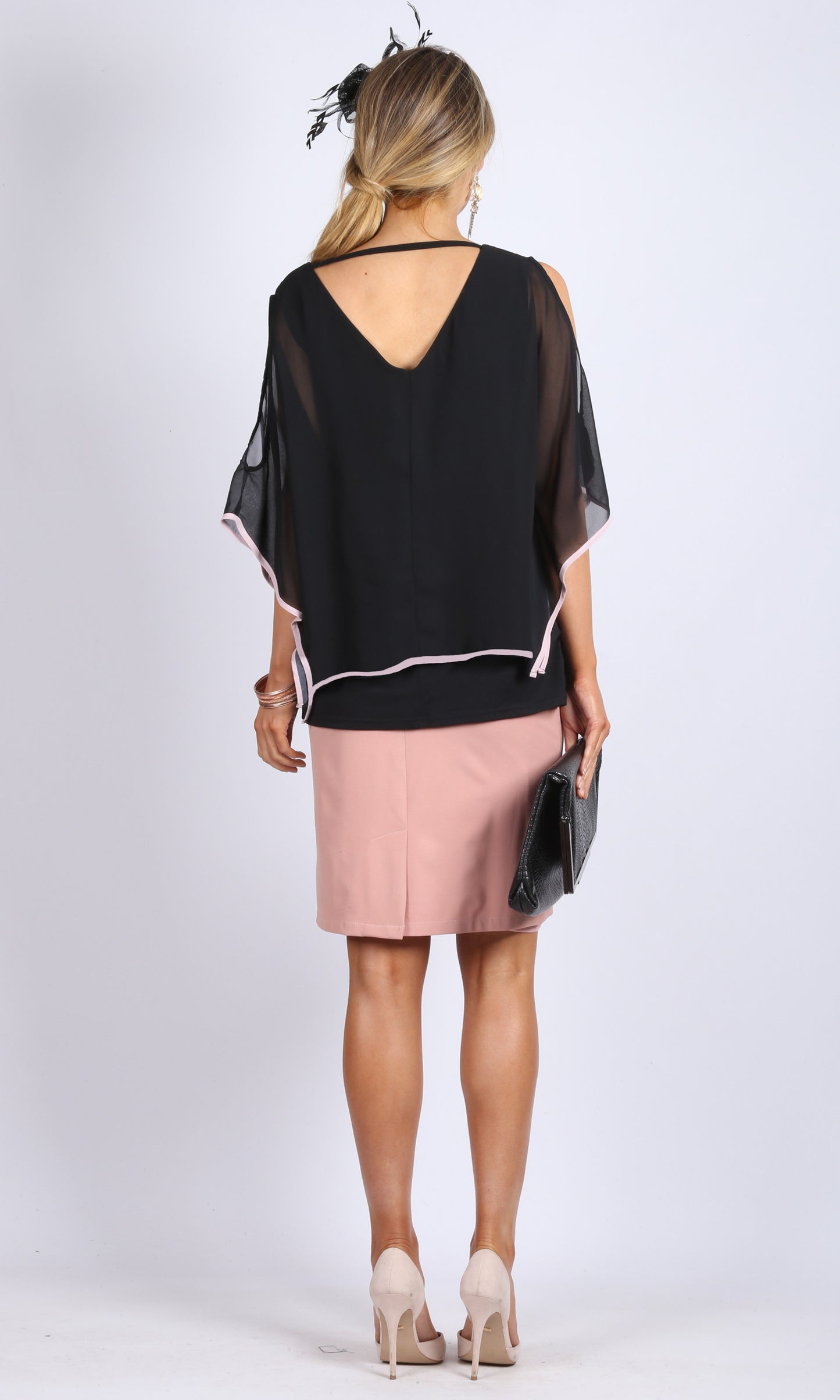 Sheer Chiffon Cold Shoulder Top with Contrast Trim