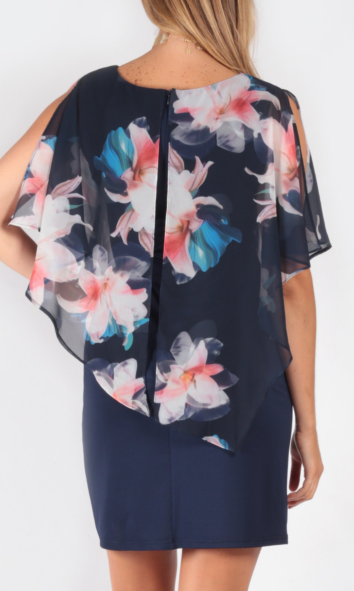  Blues and Pinks Floral Chiffon Overlay Dress