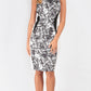  Printed sleeveless mid length fitted pencil style dress with contrasting detail.