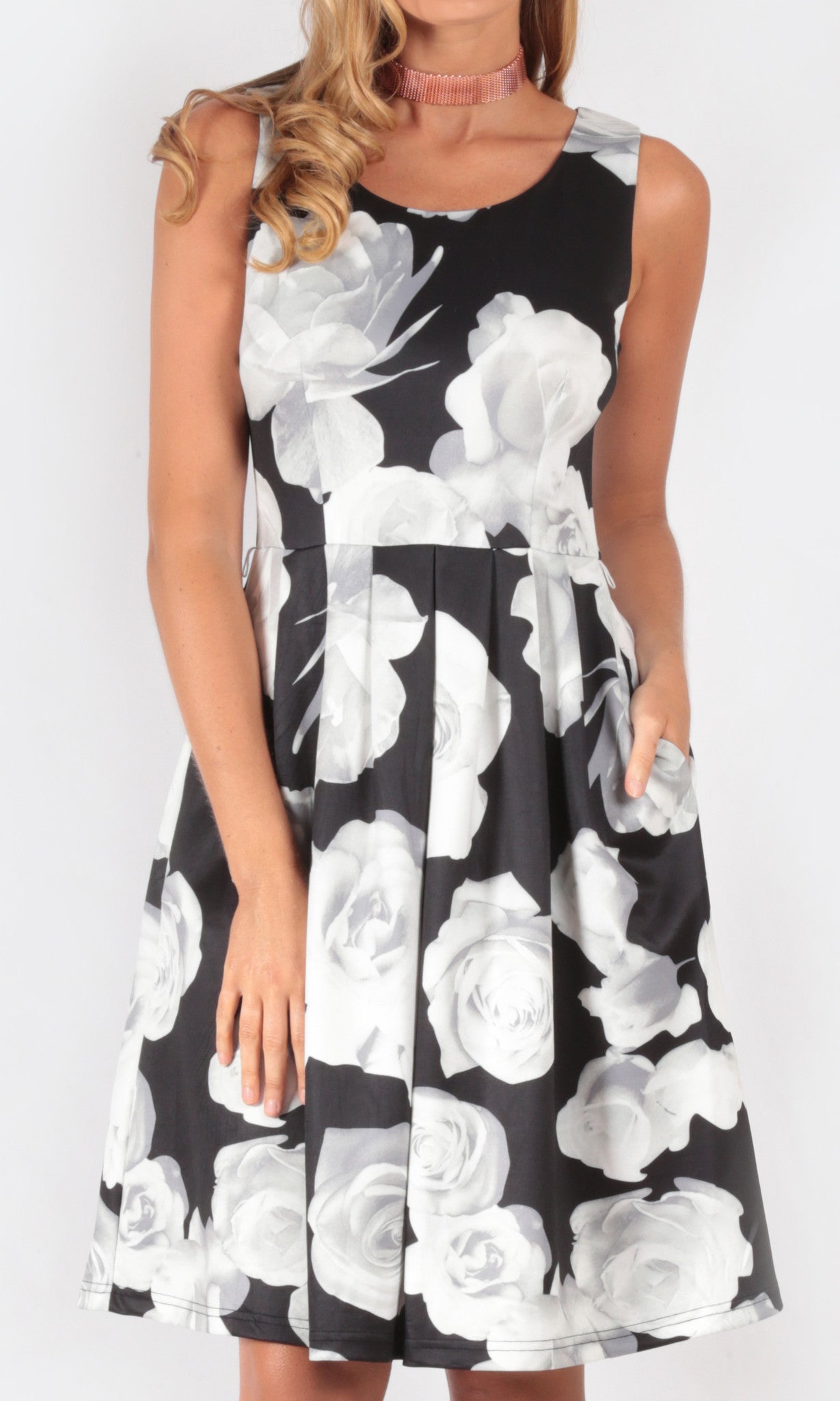 Printed Black & White Pleated A line Dress