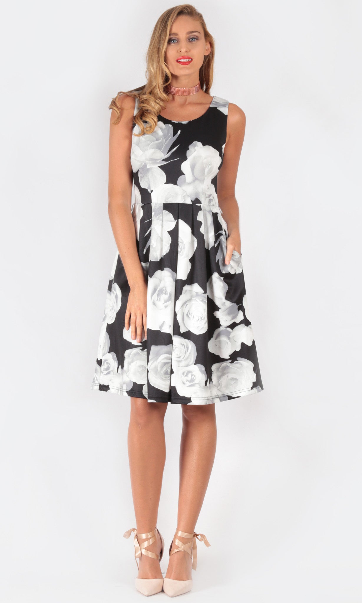 Printed Black & White Pleated A line Dress
