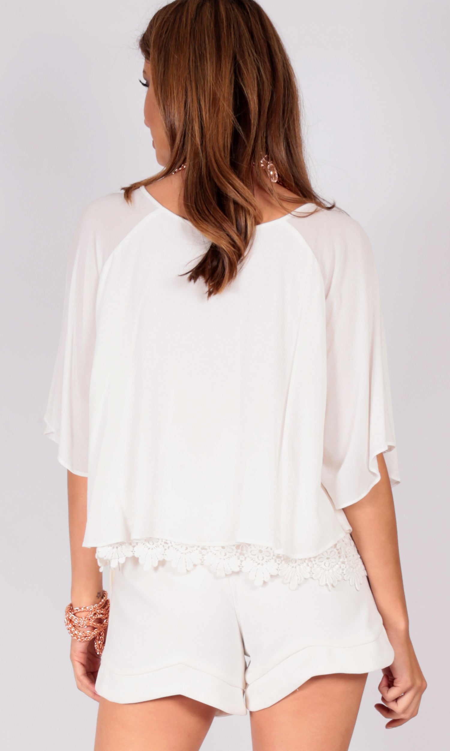 Bat Wing Shirt with Tassel Tie and Lace Detail