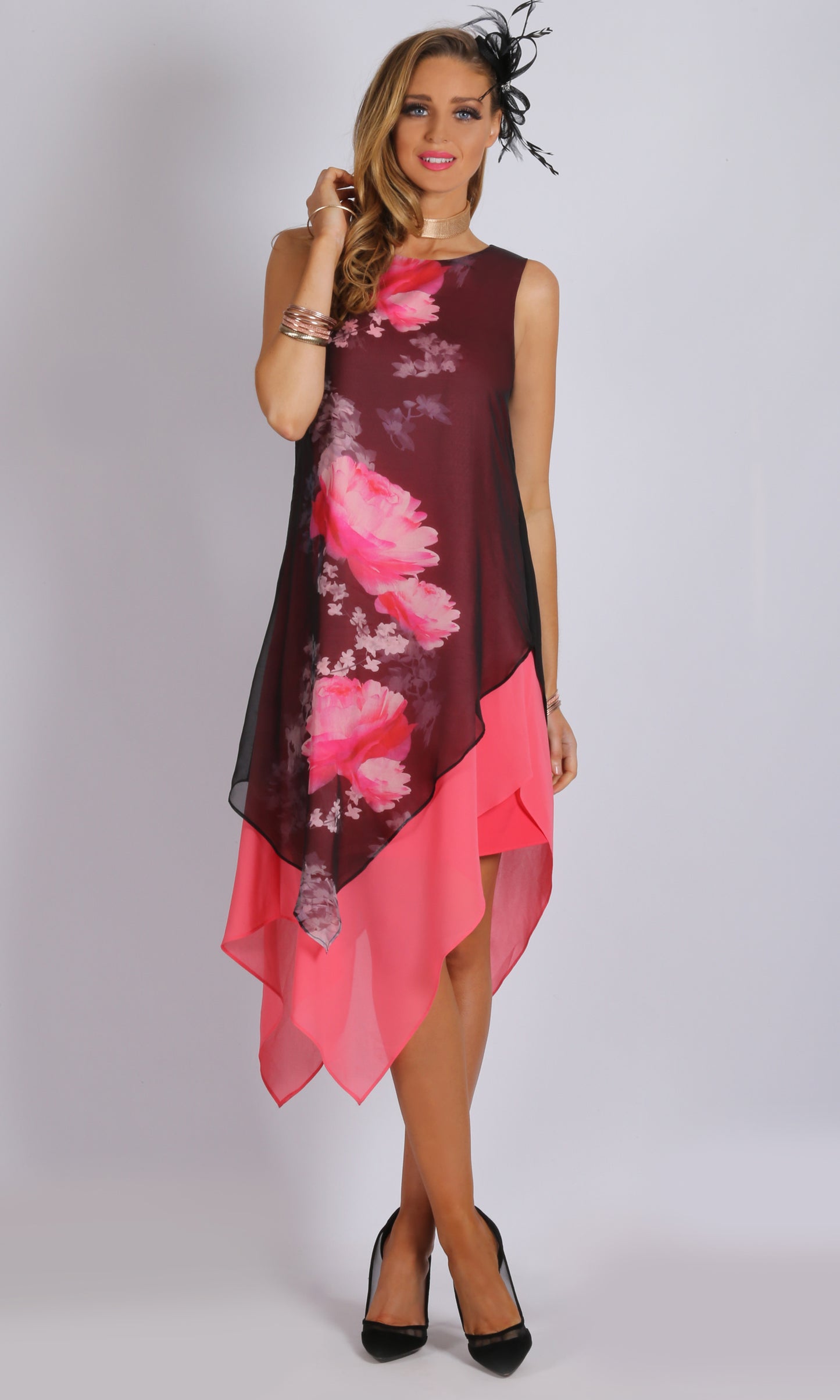 VS7119TB Asymmetric Print Chiffon Overlay Dress (Pack) On Sale