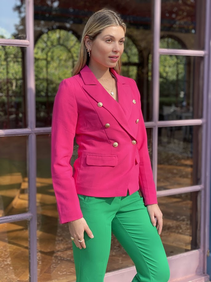 Hot pink blazer on sale with gold buttons