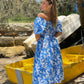 LA0715-2SS Square Neck Blue Print Midi Dress (Pack) New Arrival
