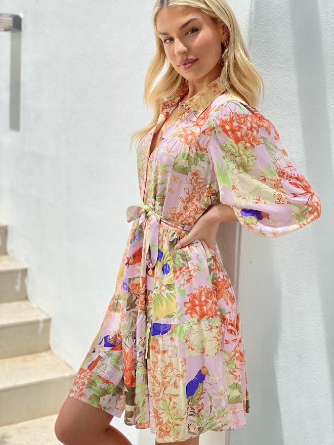 LA0899-12SS Floral Patchwork Button Up Dress