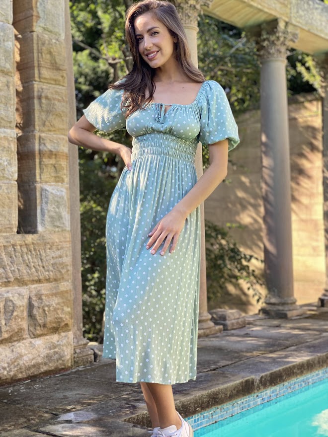 LA1020-1SS Mint Polka Dot Midi Dress