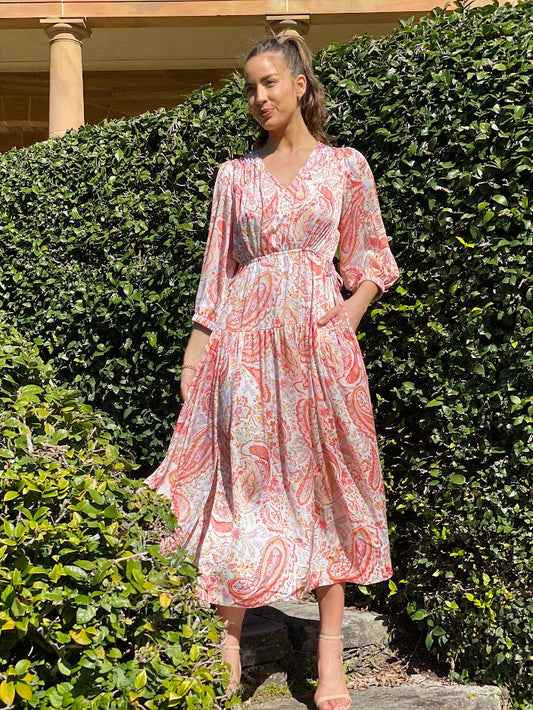 LA1091-2SS V-Neck Paisley Print Midi Dress