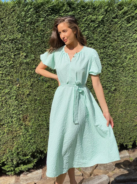 LA1115SS Crinkle Puff Sleeve Gingham Midi Dress