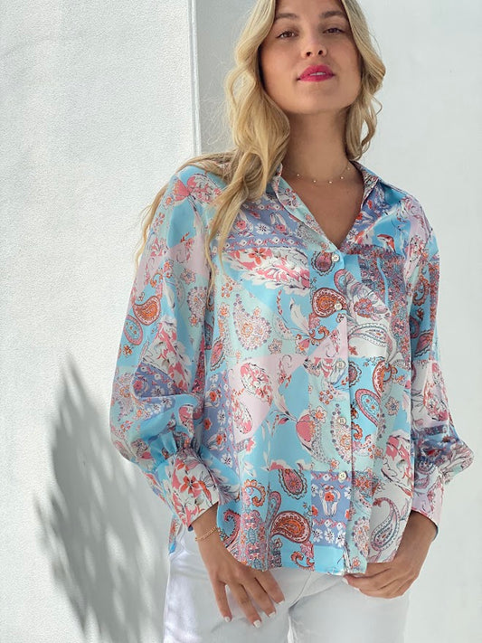 LA1133-16SS Satin Floral Paisley Print Blouse _ More Colours Available