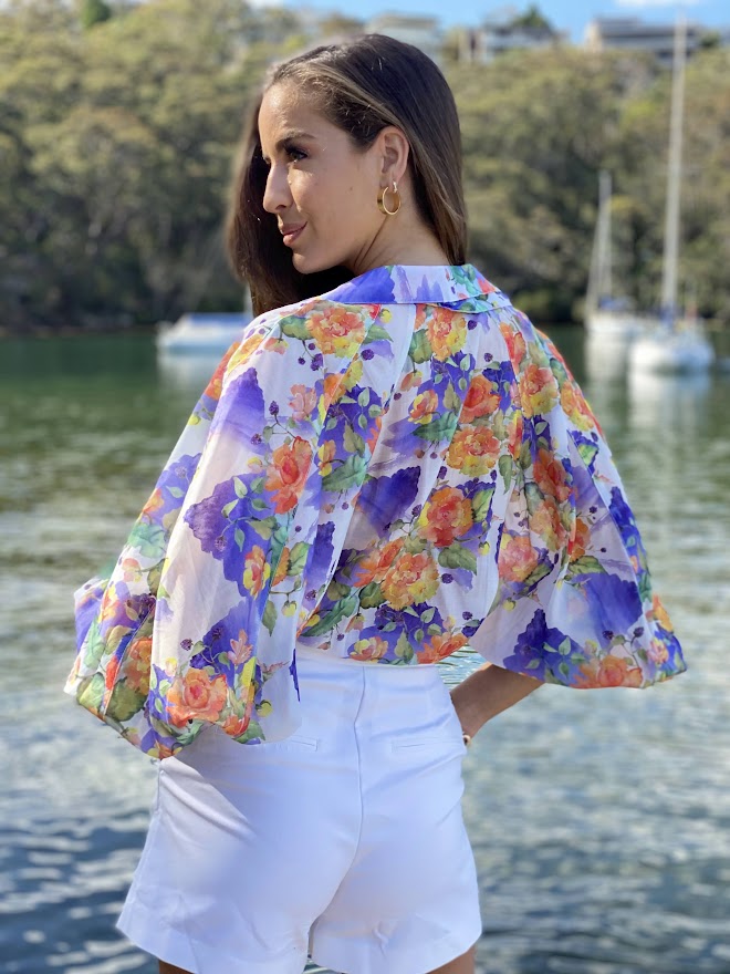 LA1144-3SS Floral Balloon Sleeve Blouse