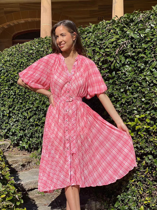 LA1205-1SS Pink Checkered Pleat Midi Dress