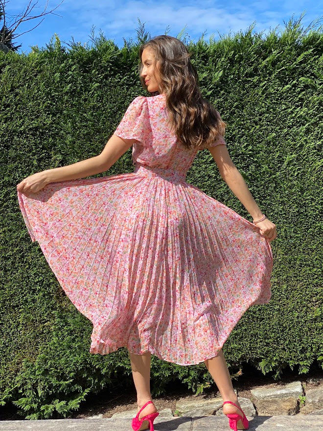 LA1231TB Floral Pleated Chiffon Midi Dress