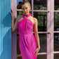 LA1233SS Halter-Neck Pleated Satin maxi Dress - More Colours Available