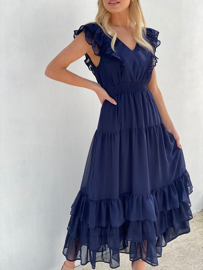 LA1281SS V-Neck Ruffle Dress