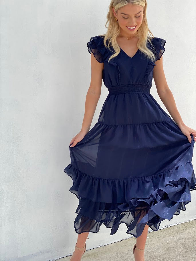 LA1281SS V-Neck Ruffle Dress