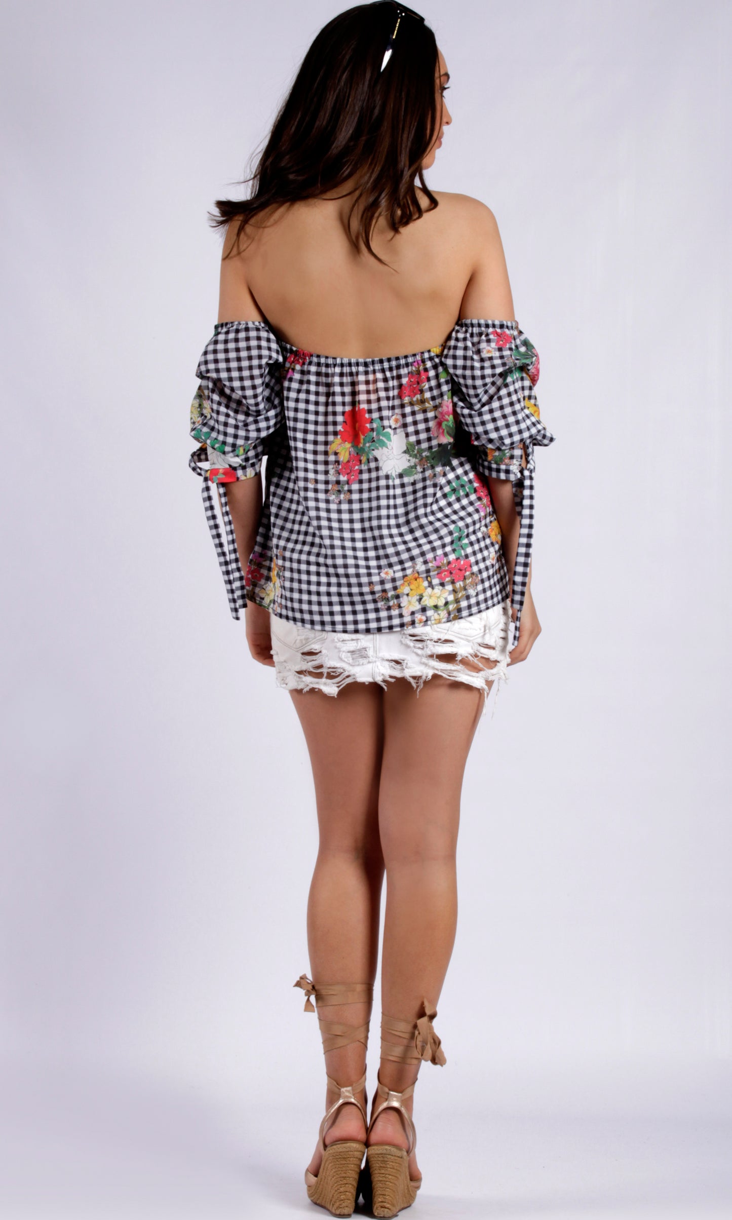 RV1099SS OFF SHOULDER GINGHAM AND FLORAL TOP (Pack)