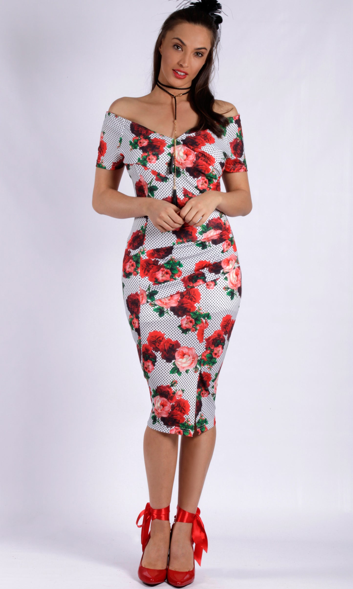 VS7270TB Red Roses with Polka Dots Bodycon Dress (Pack) On Sale