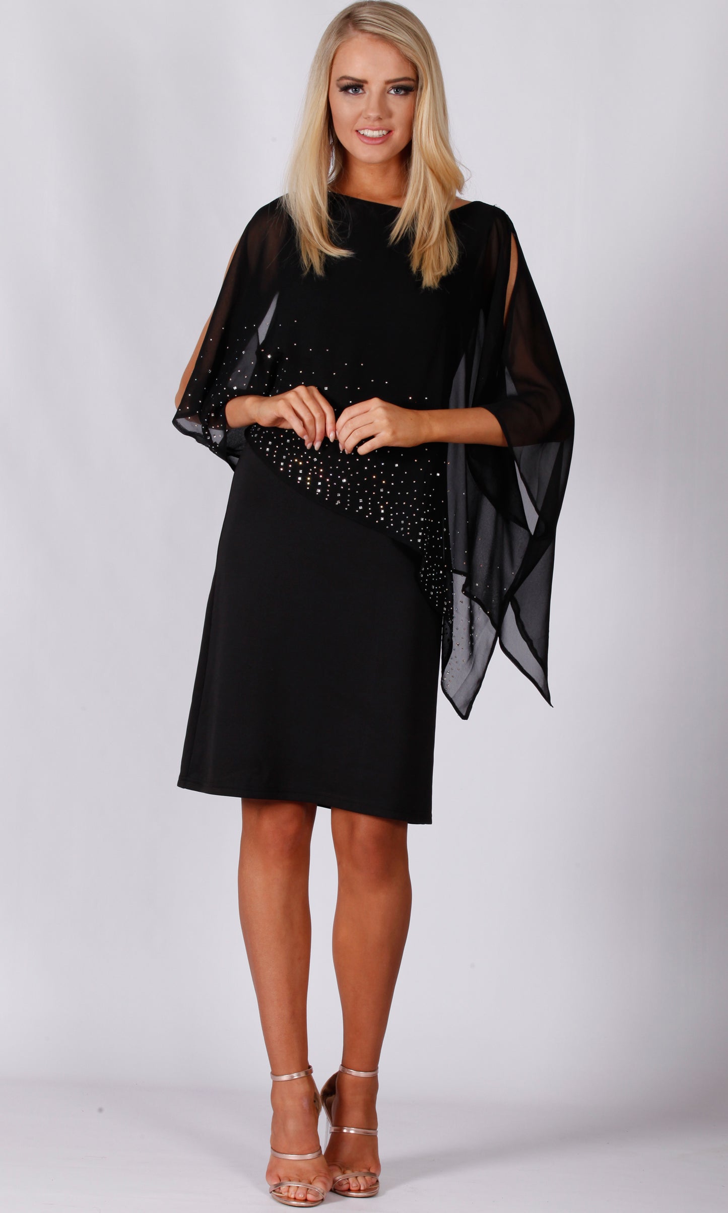 VS7290NC Diamonte Black Chiffon Layer Dress (Pack)