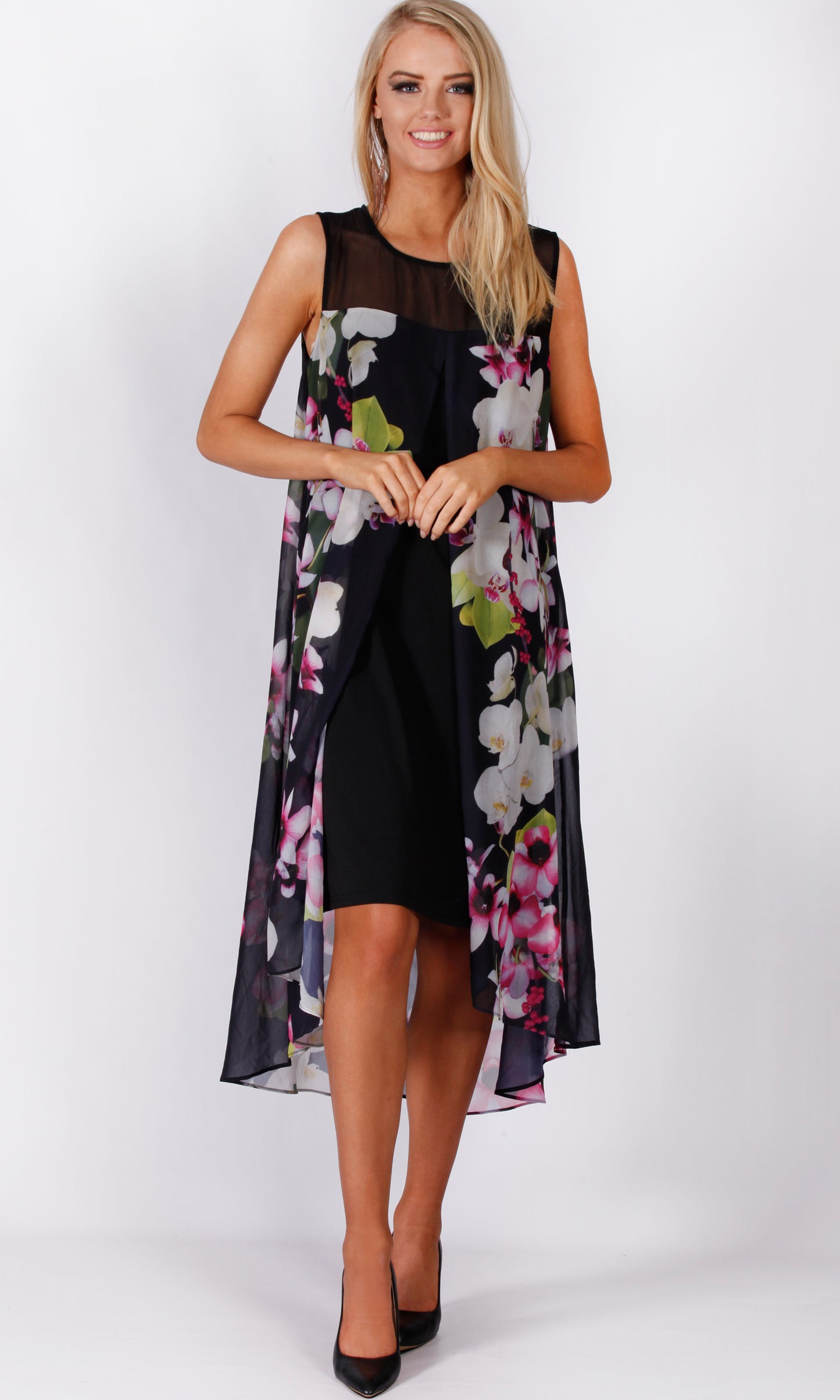 VS7179TB Sheer Floral Print Dress (Pack)