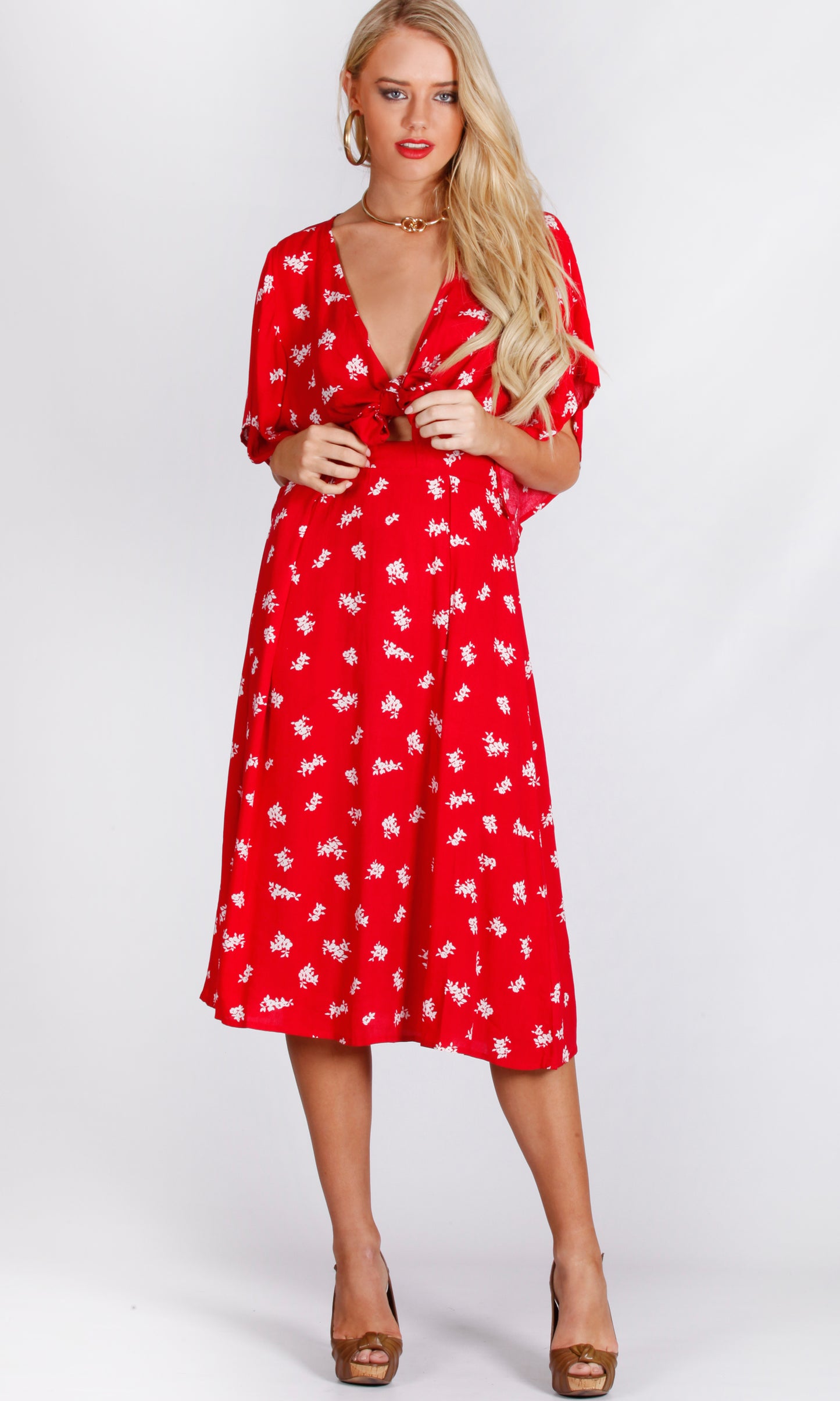 RV1139-1SS TIE FRONT FLORAL MIDI DRESS (Pack)