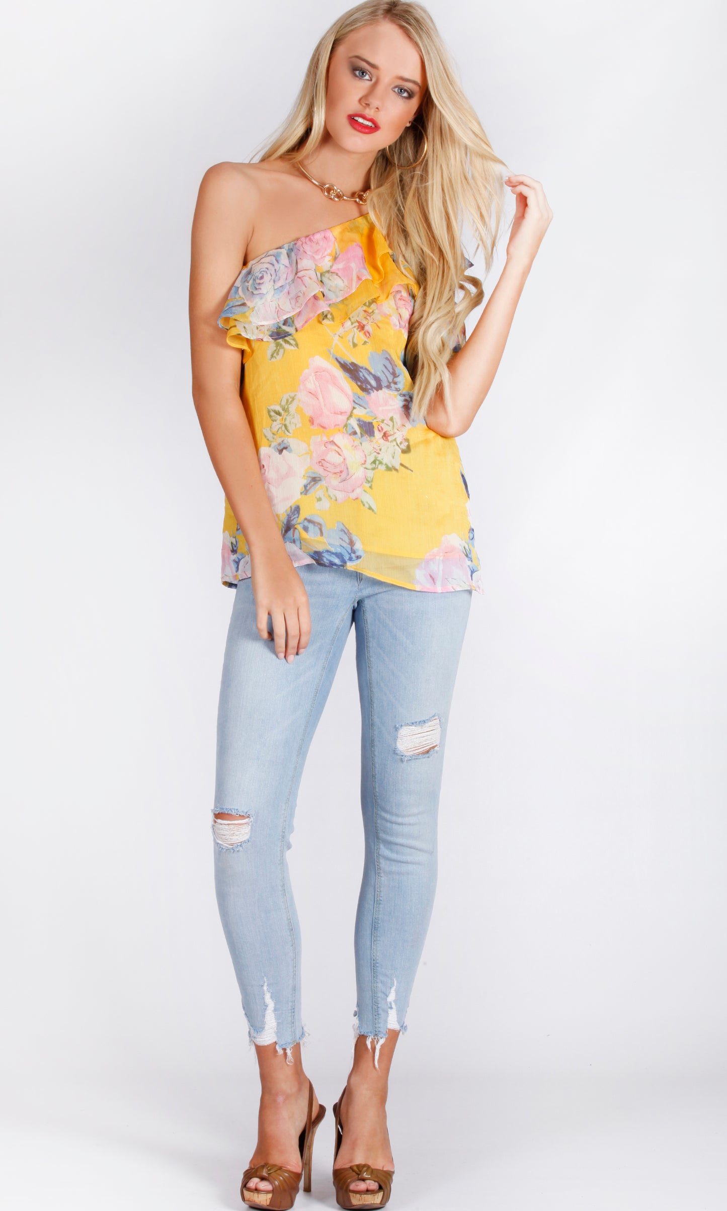 RV1056-1SS One Shoulder Floral Chiffon Top (Pack)