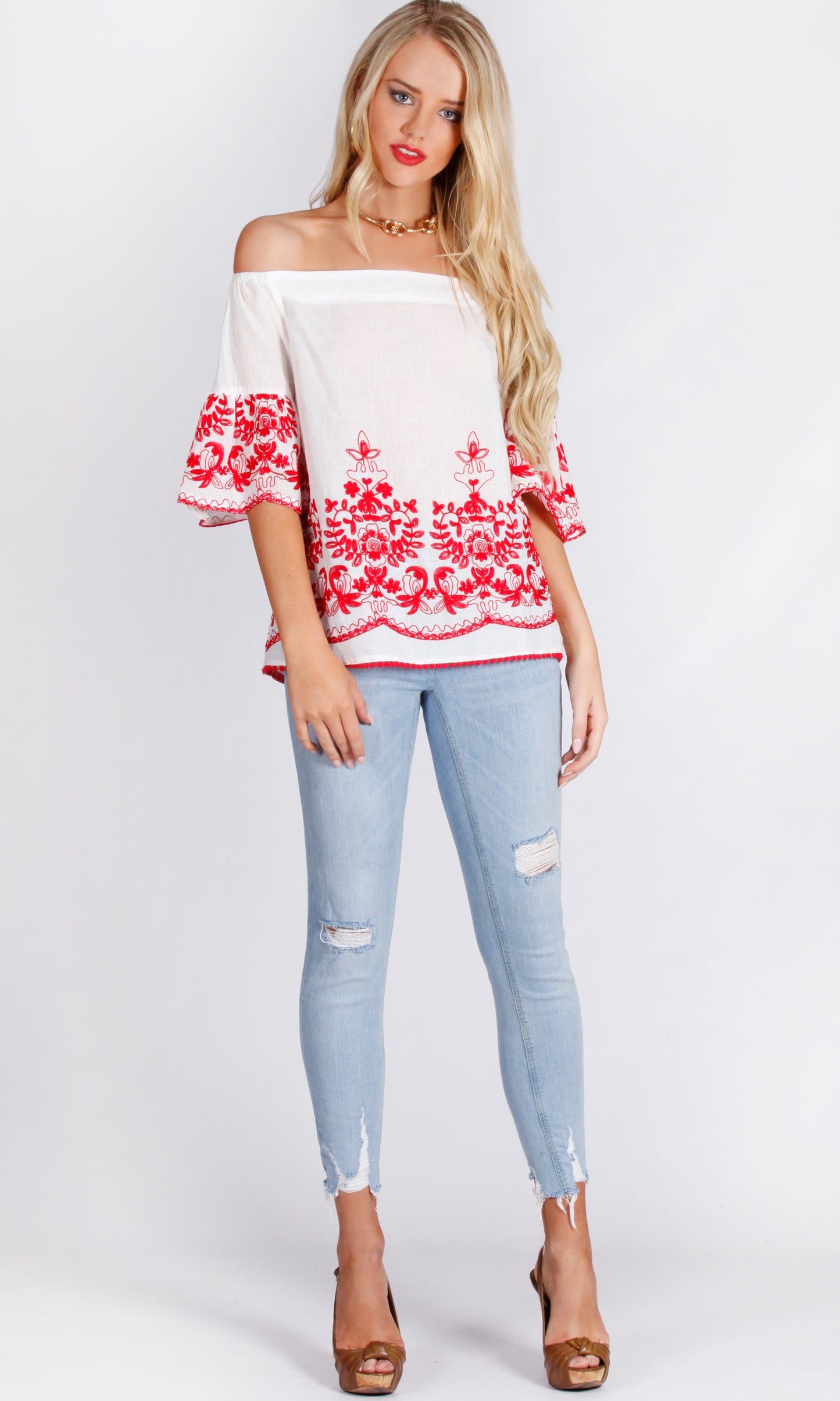 XW16139SS BOHO WHITE / RED EMBROIDERED TOP (Pack) On Sale
