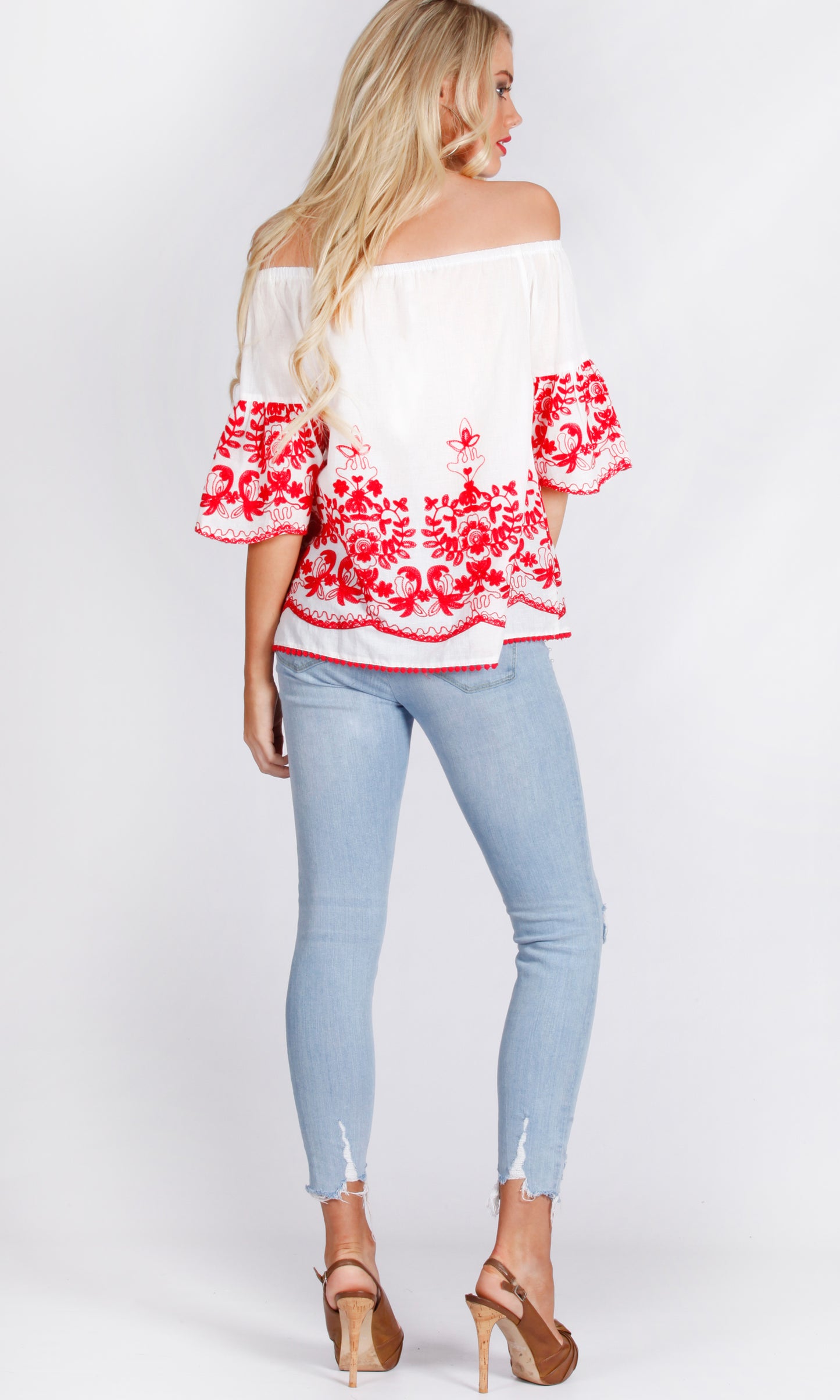 XW16139SS BOHO WHITE / RED EMBROIDERED TOP (Pack) On Sale