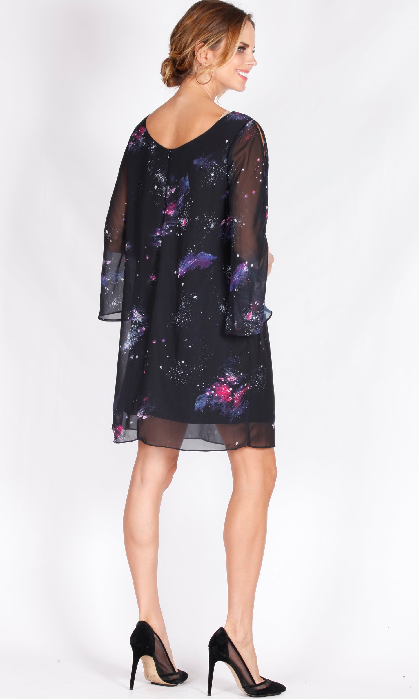 JS0171-14NC Chiffon Galaxy Ruched Sleeve Dress (Pack)