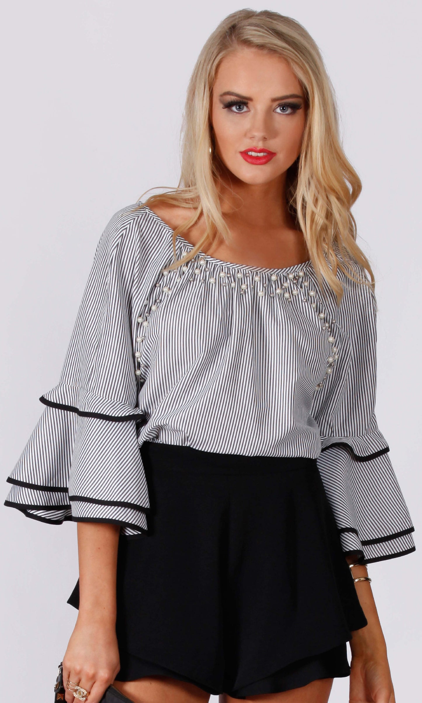 YW17079SS Pinstripe Pearl Embellished Ruffle Sleeves Top(Pack)