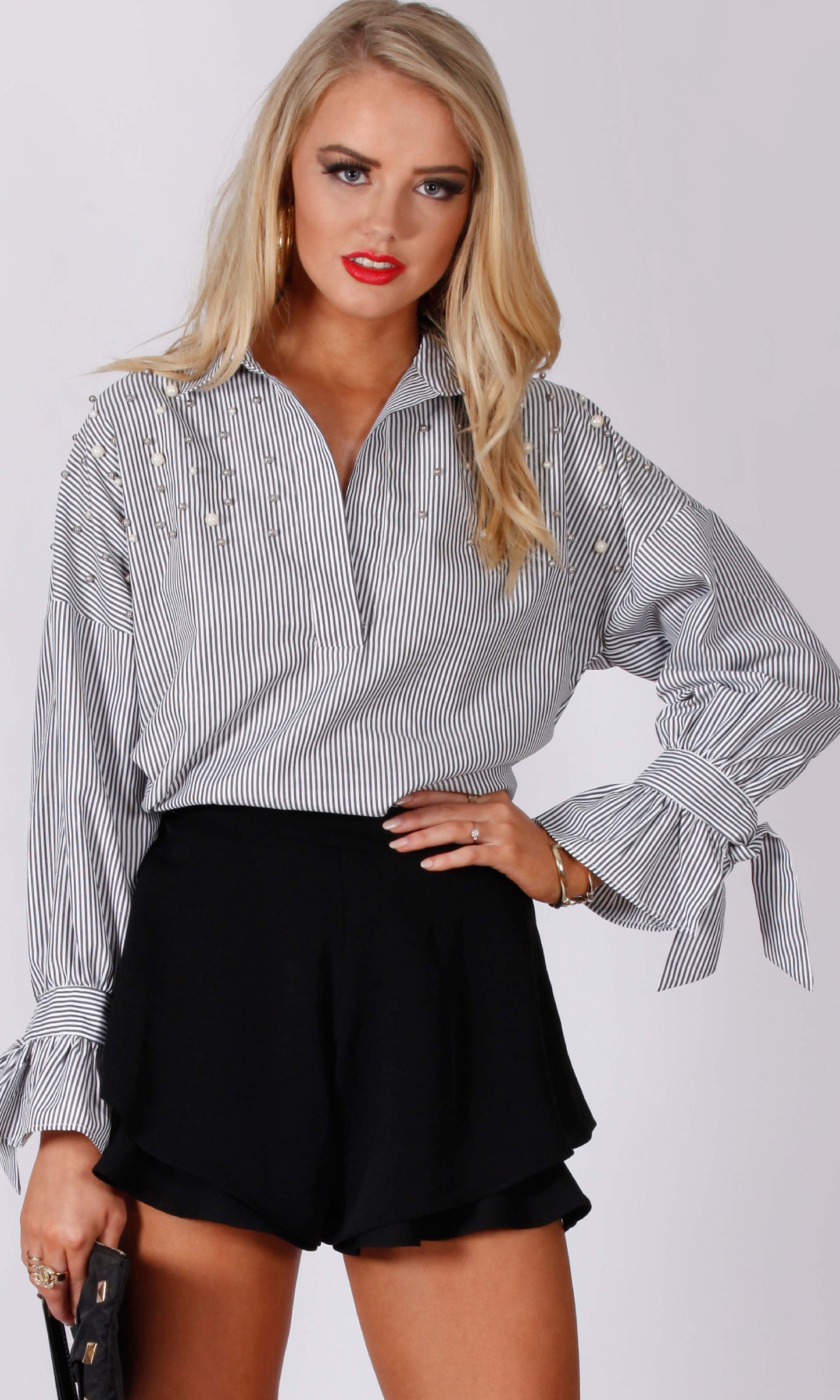 YW17078SS Pinstripe Pearl Embellished shirt (Pack)