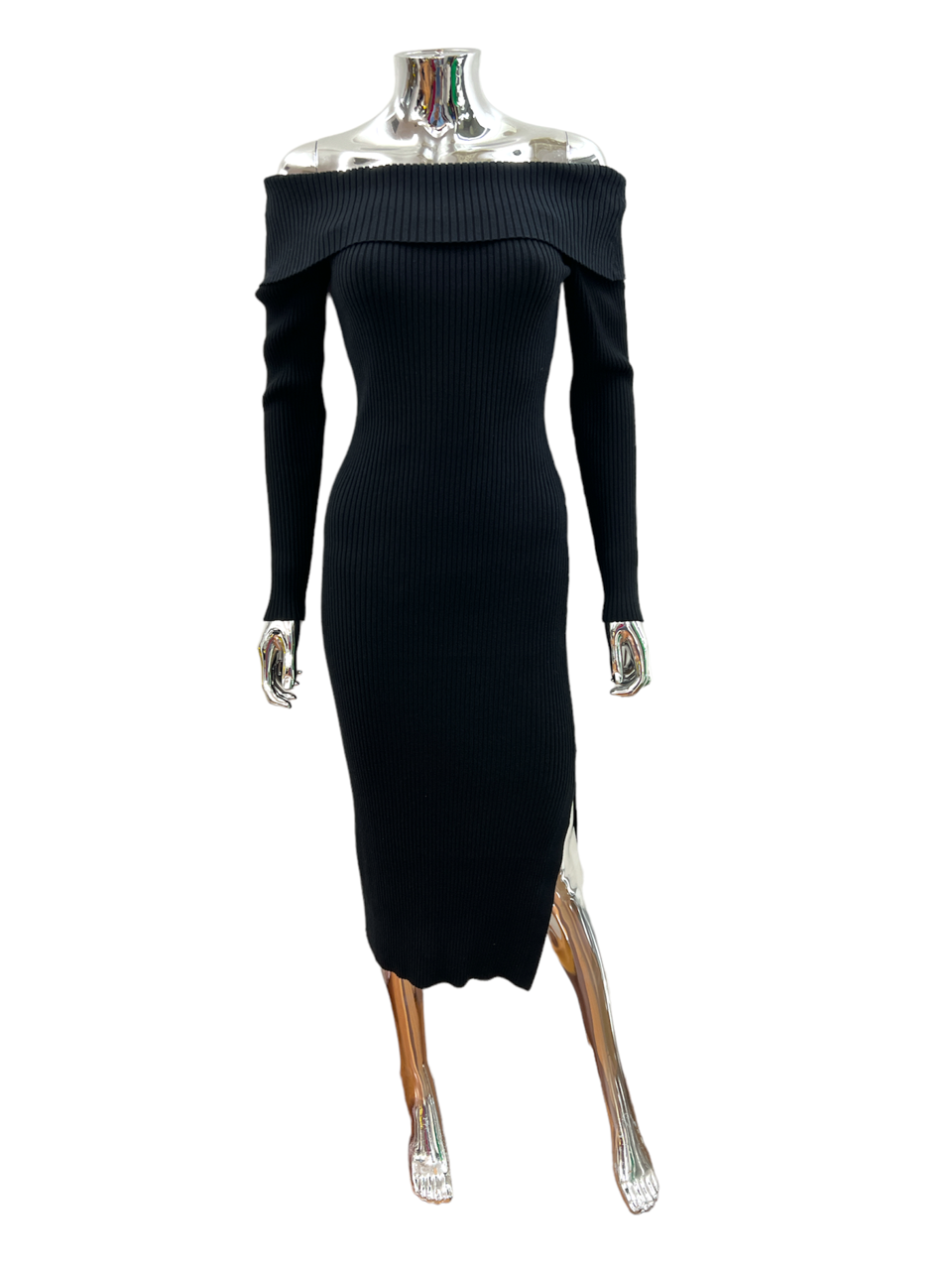 LA1305SS Ribbed Knit Off Shoulder Midi Dress - on sale $15