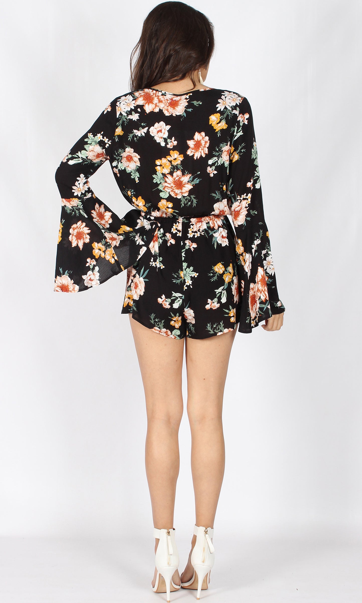 RV0987-1SS Floral Front Tie Bell Sleeve Playsuit (Pack)
