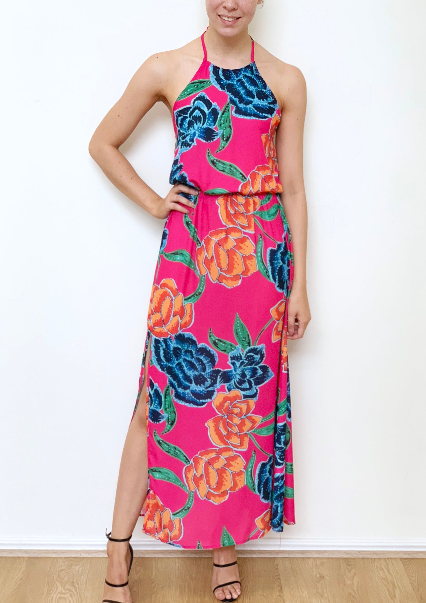 VY0399SS Hot Pink Floral Halter Maxi (Pack)