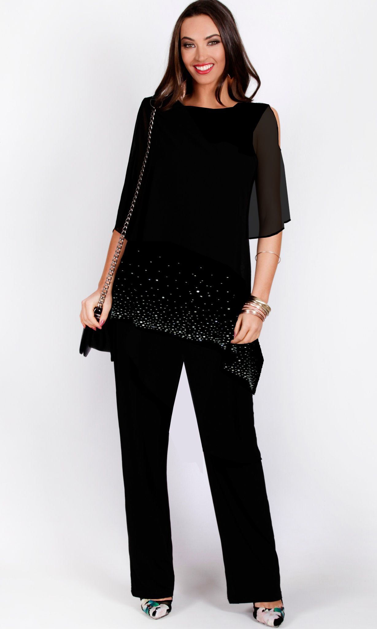 VS7338TB Cold Shoulder Chiffon Diamond Embellished Jumpsuit (Pack)