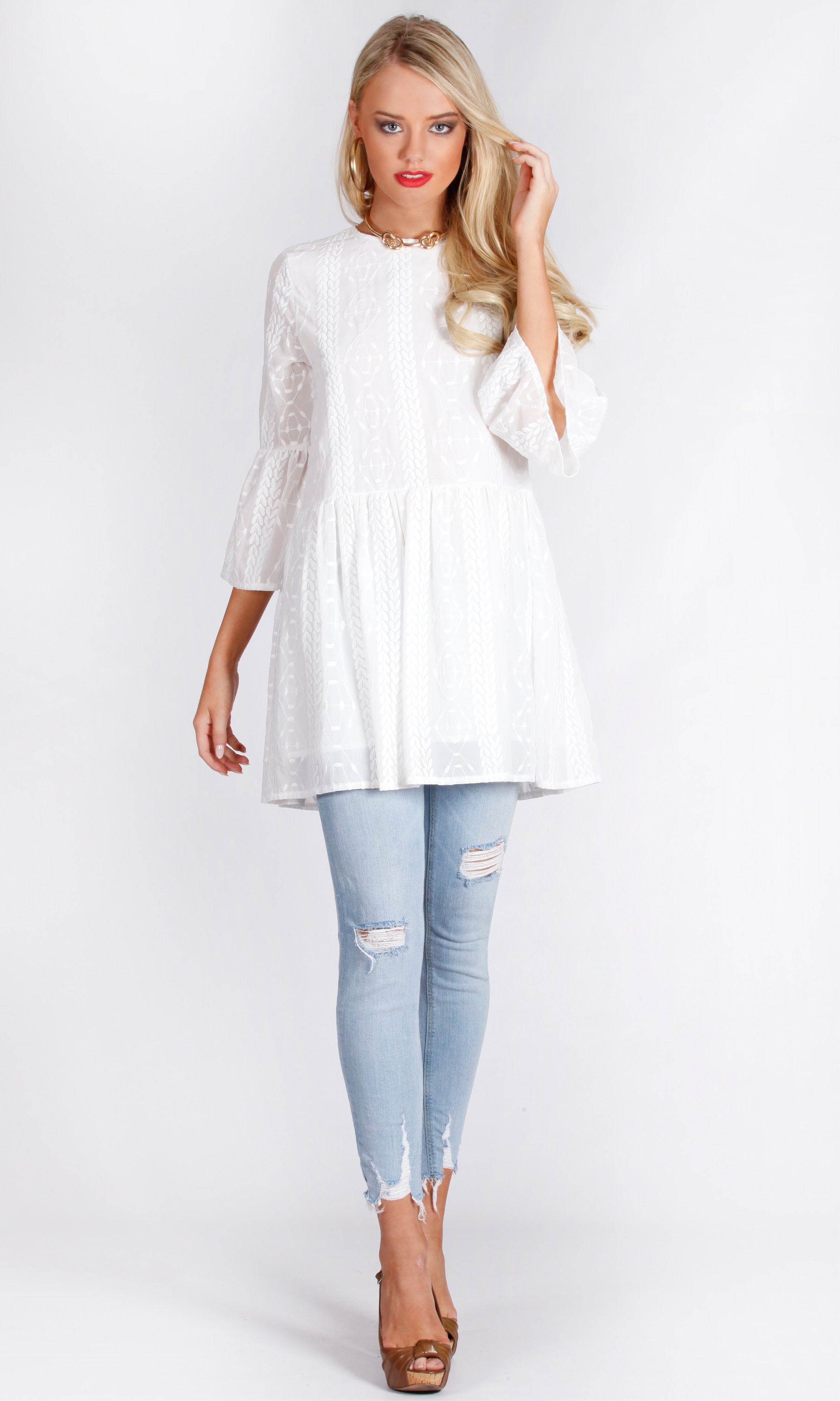 Embroidered Bell Sleeve Top