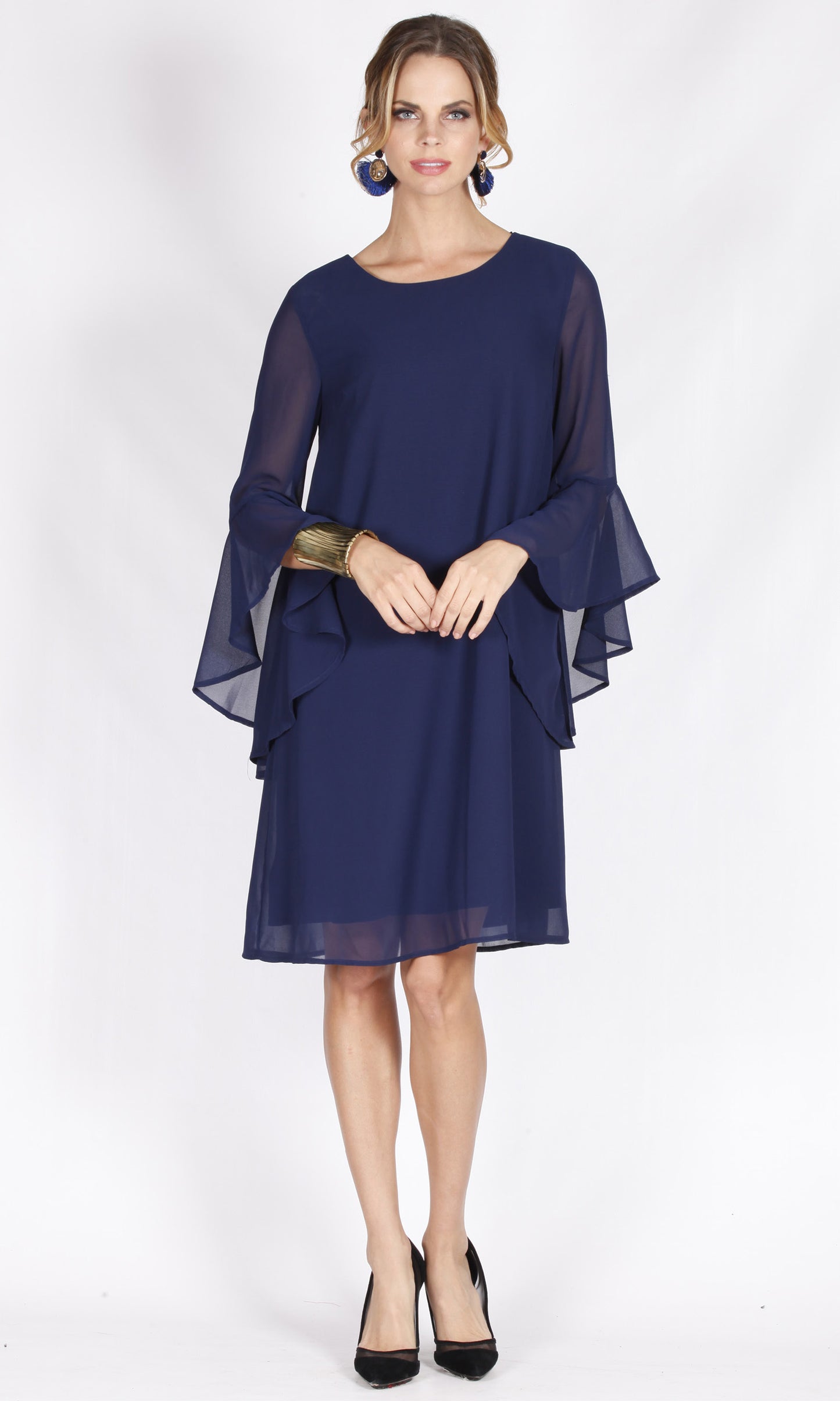 VS7361NC Blue Chiffon Ruffle Sleeve Dress (Pack)