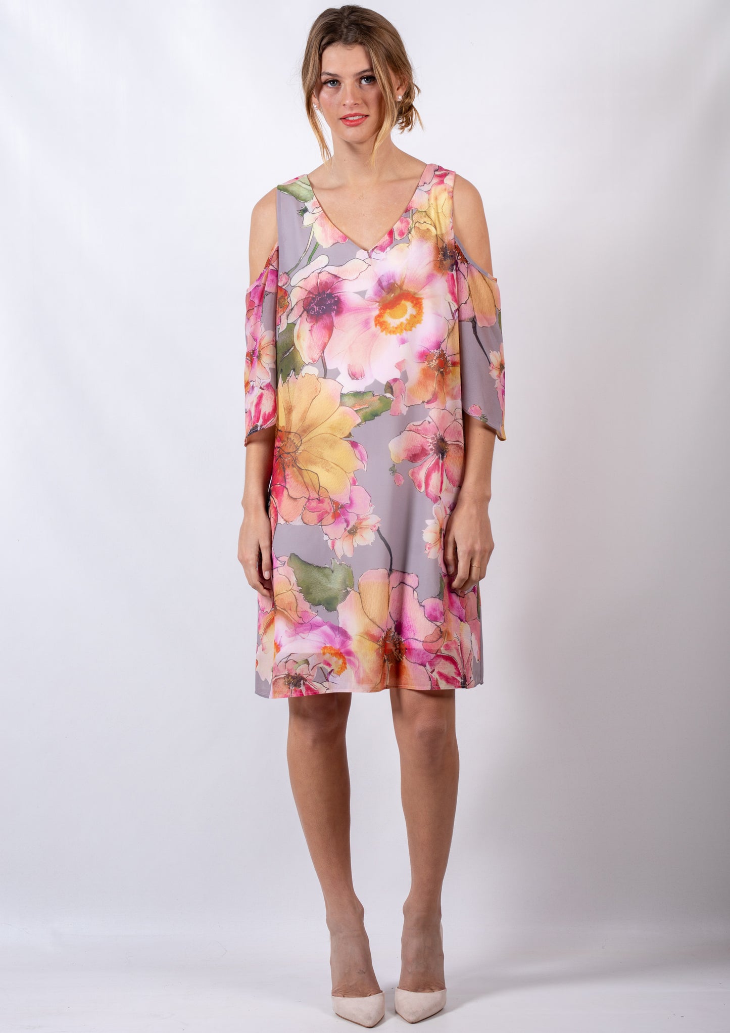 RV0991-6NC Watercolour Floral Cold Shoulder Shift Dress (Pack)