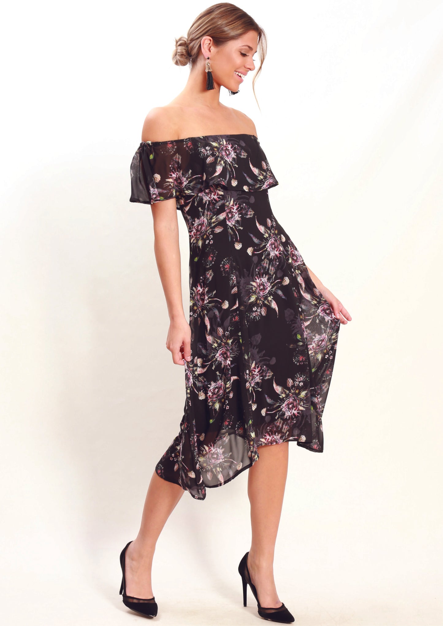 WA0229-2TB Ruffle Overlay Floral Off Shoulder Dress (Pack)