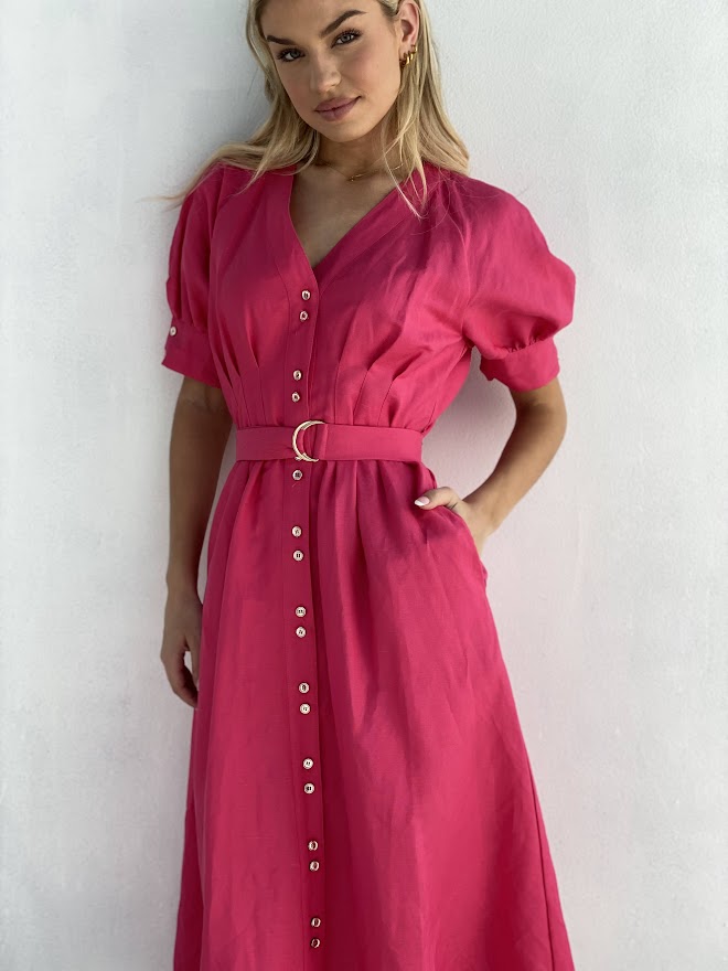 XW20518-1SS  Puff Sleeve Midi Dress