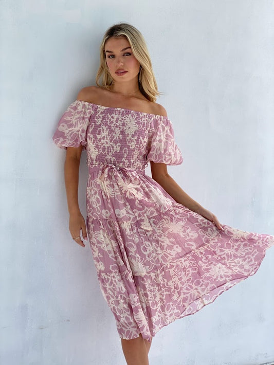 XW20614SS Floral Off-Shoulder Midi Dress